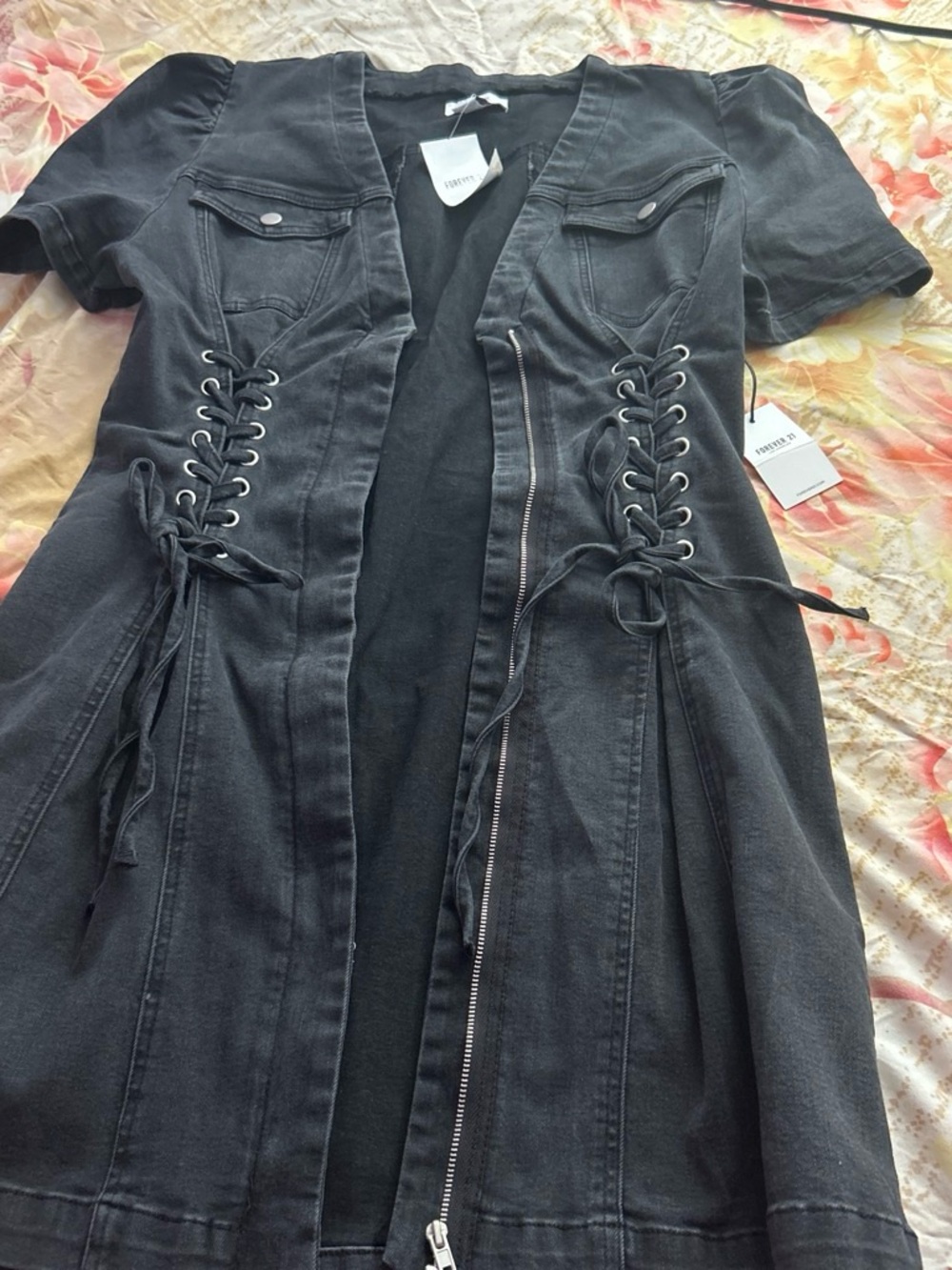 Forever 21 Black Lace-Up Denim Midi Dress